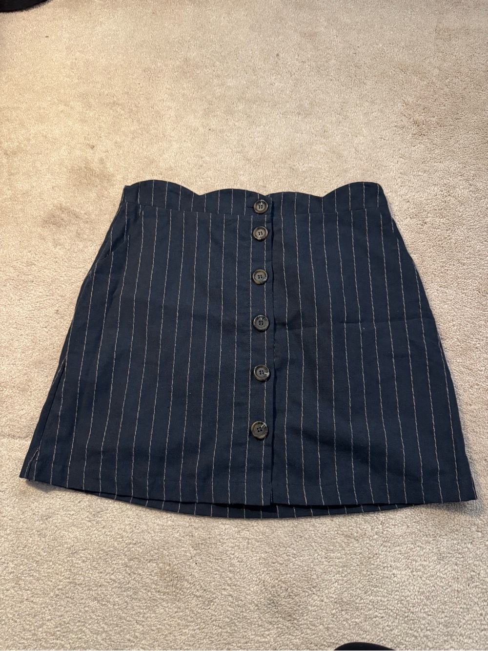 Scalloped Waist Navy Pinstripe Button-Front Mini Skirt